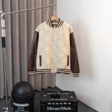 Louis Vuitton Classic Embroidered Logo Ball Jacket Couple Splice Leather Jacket