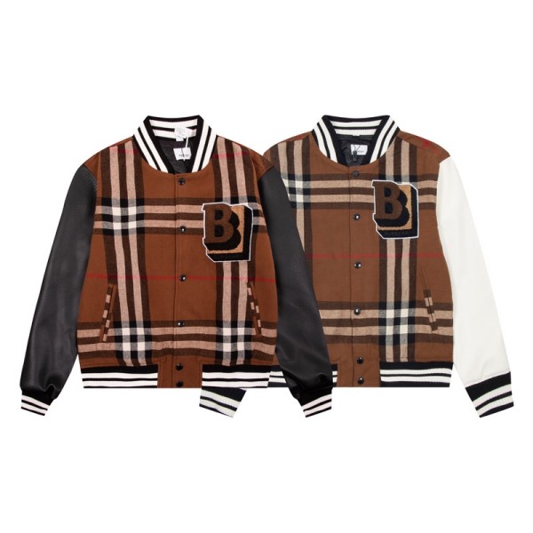 Burberry New Toothbrush Embroidered Logo Wool Spliced Leather Checkered Baseball Jacket