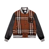 Burberry New Toothbrush Embroidered Logo Wool Spliced Leather Checkered Baseball Jacket