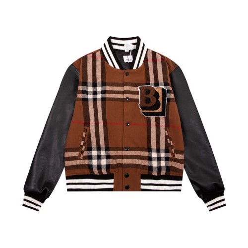 Burberry New Toothbrush Embroidered Logo Wool Spliced Leather Checkered Baseball Jacket