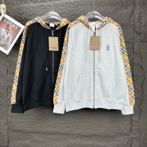 Burberry New Splicing Checkered Embroidered Logo Zipper Hoodie Unisex Casual Loose Coat