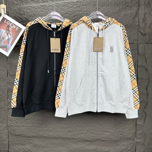 Burberry New Splicing Checkered Embroidered Logo Zipper Hoodie Unisex Casual Loose Coat