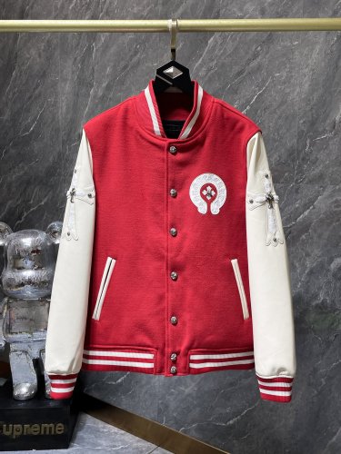 Chrome Hearts New Horseshoe Sanskrit Cross Woolen Leather Sleeve Spliced Baseball Jacket