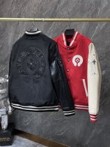 Chrome Hearts New Horseshoe Sanskrit Cross Woolen Leather Sleeve Spliced Baseball Jacket