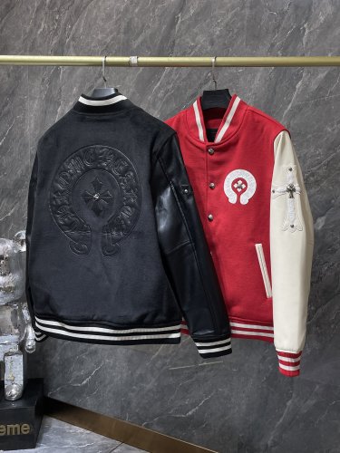 Chrome Hearts New Horseshoe Sanskrit Cross Woolen Leather Sleeve Spliced Baseball Jacket
