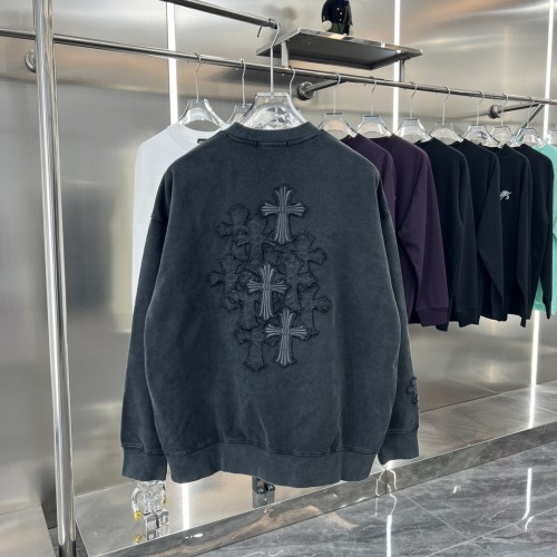 Chrome Hearts Fashion Patch Embroidered Cross Round Neck Hoodie Unisex Casual Washed Sweatshirt