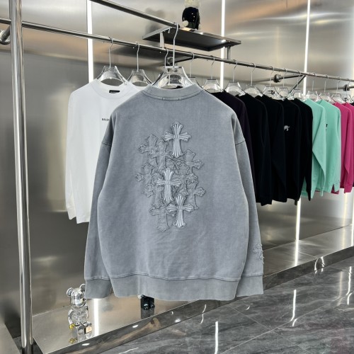 Chrome Hearts Fashion Patch Embroidered Cross Round Neck Hoodie Unisex Casual Washed Sweatshirt