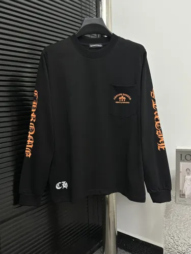 Chrome Hearts Fashion Chest Pocket Sanskrit Cross Print Round Neck Long Sleeve T-shirt