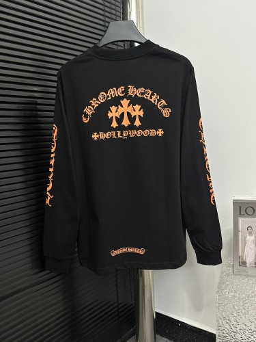 Chrome Hearts Fashion Chest Pocket Sanskrit Cross Print Round Neck Long Sleeve T-shirt