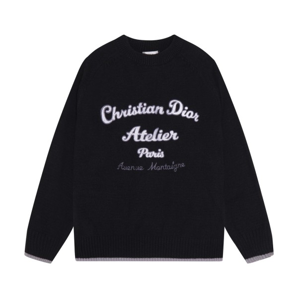 Dior Classic Letter Embroidered Logo Round Neck Wool Sweater