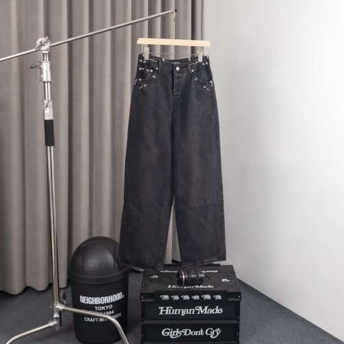 Balenciaga High Street Couple Rivet Piercing Ring Buckle Fire Head Jeans