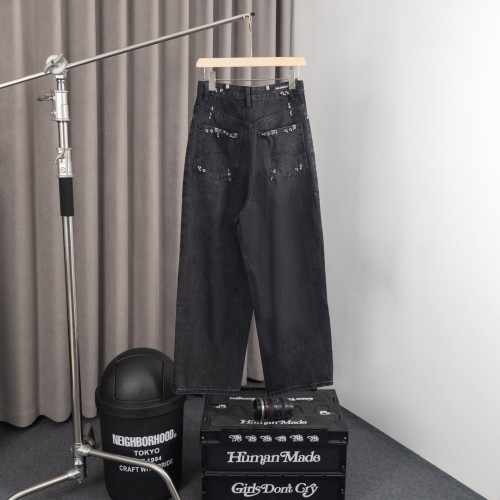 Balenciaga High Street Couple Rivet Piercing Ring Buckle Fire Head Jeans
