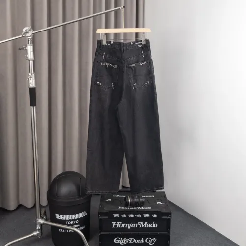 Balenciaga High Street Couple Rivet Piercing Ring Buckle Fire Head Jeans