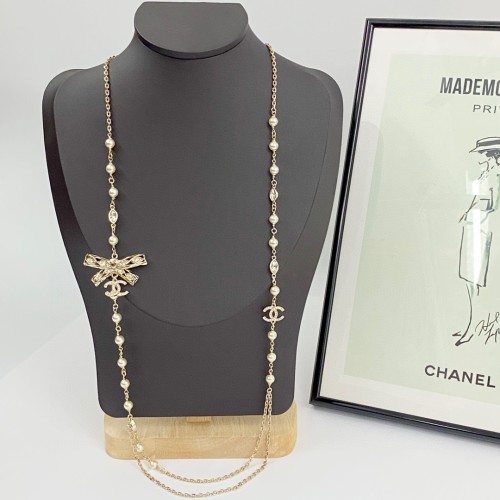 Chanel New Full Diamond Double C Hollow Bow Pearl Double Layer Sweater Chain
