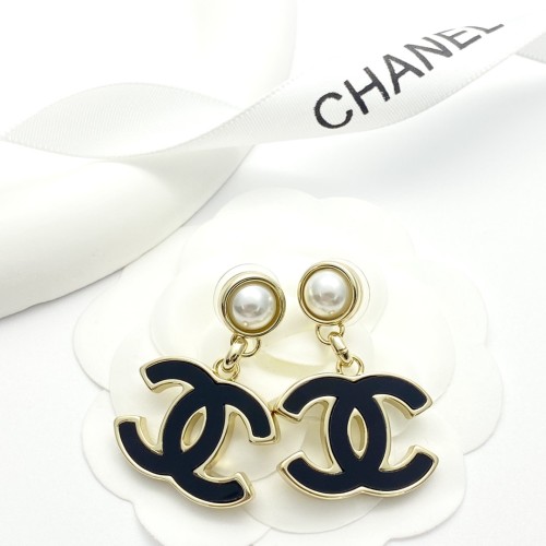 Chanel New Classic Black Gold Enamel Double C Pearl Earrings