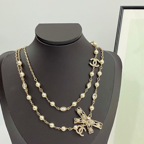 Chanel New Full Diamond Double C Hollow Bow Pearl Double Layer Sweater Chain