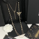 Chanel New Full Diamond Double C Hollow Bow Pearl Double Layer Sweater Chain
