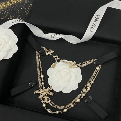 Chanel New Hollow Bow Three Chain Pearl Necklace