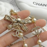 Chanel New Full Diamond Double C Hollow Bow Pearl Double Layer Sweater Chain