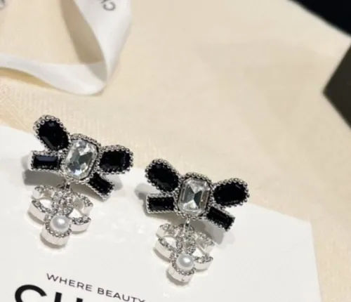 Chanel New Fashion Bow tassel Color Diamond Double C Earrings