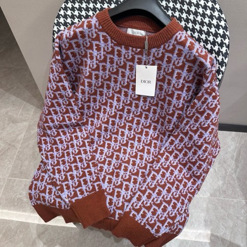 Dior Couple Full Logo Jacquard Red Brown Knitted Woolen Sweater