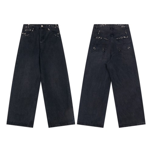 BaLenciaga New Retro Piercing Ring Fire Machine Head Water Washed Jeans