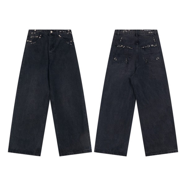 BaLenciaga New Retro Piercing Ring Fire Machine Head Water Washed Jeans