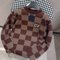 Louis Vuitton Fashion Diamond Embroidered Coffee Chessboard Knitted Long Sleeve