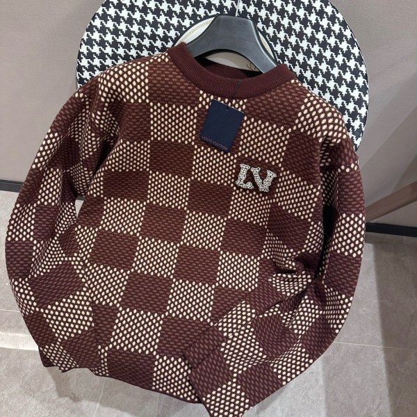 Louis Vuitton Fashion Diamond Embroidered Coffee Chessboard Knitted Long Sleeve