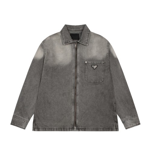Prada Classic Triangle Zipper Wash Water Gradient Denim Coat