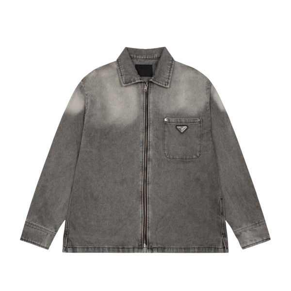 Prada Classic Triangle Zipper Wash Water Gradient Denim Coat