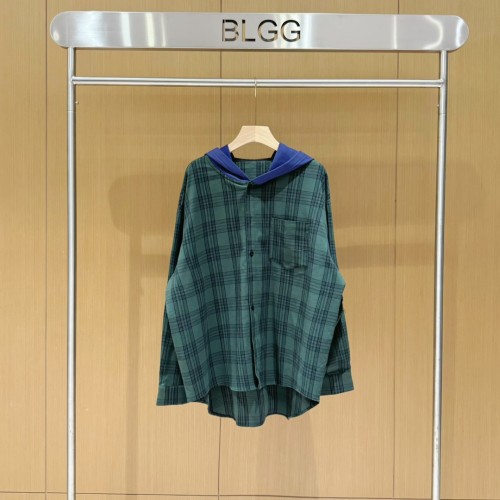 Balenciaga New Green Checkered Damaged Hooded Shirt Unisex Loose Casual Coat