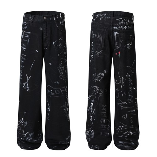 Balenciaga High Street Hip Hop Graffiti Jeans Unisex Wash Loose Wide Legs Pants