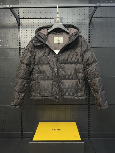 Fendi New Full Dark Pattern Double F Hooded Down Jacket