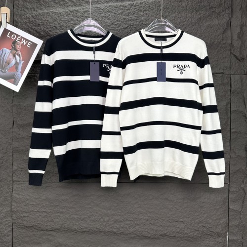 Prada New Classic Stripe Embroidered Letter Couple Round Neck Sweater