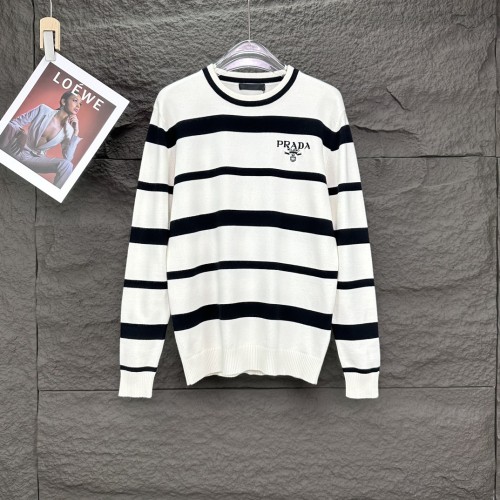 Prada New Classic Stripe Embroidered Letter Couple Round Neck Sweater