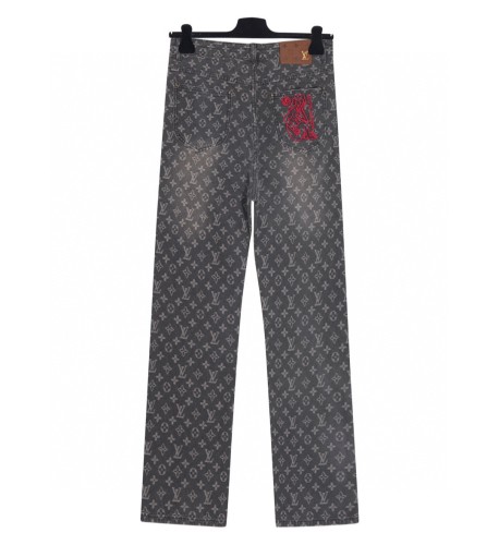 Louis Vuitton New Full Embroidered Logo Damaged Jeans Stitch