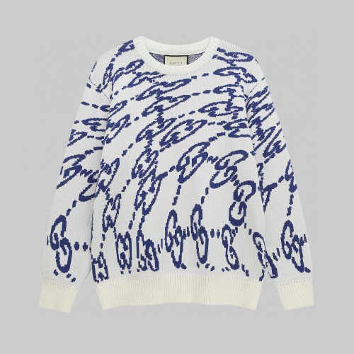 Gucci New Couple Jacquard Full Width Wave Shaped GG Letter Round Neck Jacquard Knitted Sweater