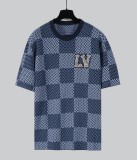 Louis Vuitton New Classic Crystal Embroidered Patch Chess Grid Knitted Short Sleeve