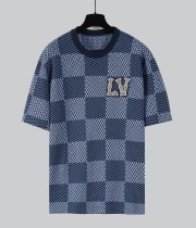 Louis Vuitton New Classic Crystal Embroidered Patch Chess Grid Knitted Short Sleeve