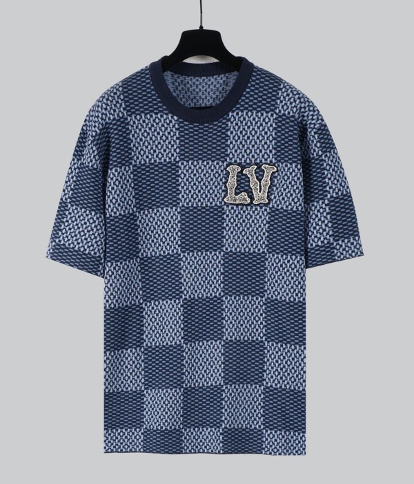 Louis Vuitton New Classic Crystal Embroidered Patch Chess Grid Knitted Short Sleeve