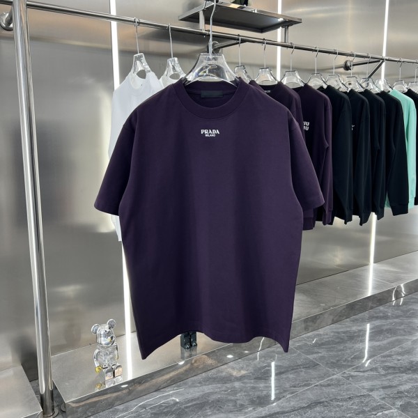 Prada Unisex Versatile Logo Printed Loose Round Neck Short Sleeve T-shirt