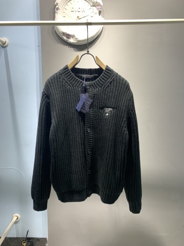 Prada Fashion Classic Embroidered Logo Round Neck Wool Cardigan