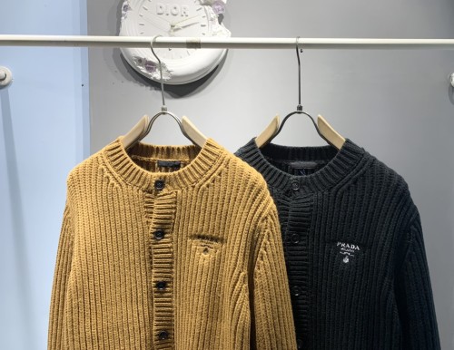 Prada Fashion Classic Embroidered Logo Round Neck Wool Cardigan