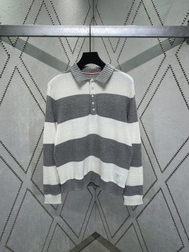 Thom Browne Fashion Striped Polo Knitted Sweater Unisex Casual Stand Up Collar Sweater