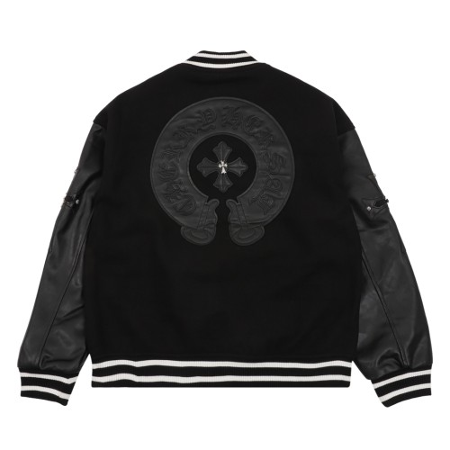 Chrome Hearts Cross Leather Splicing Baseball Jacket Coat