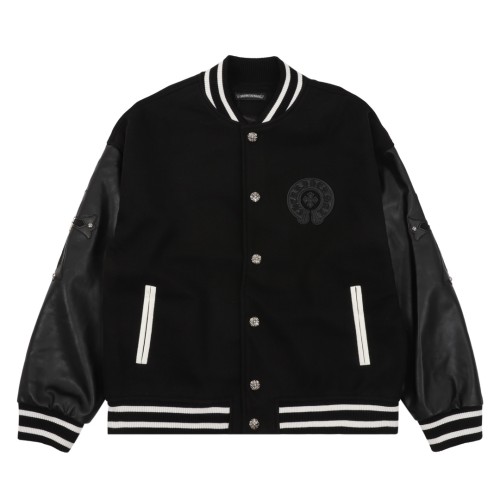 Chrome Hearts Cross Leather Splicing Baseball Jacket Coat