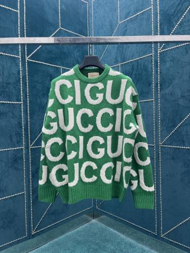 Gucci New Unisex Full Logo Jacquard Round Neck Green Woolen Sweater