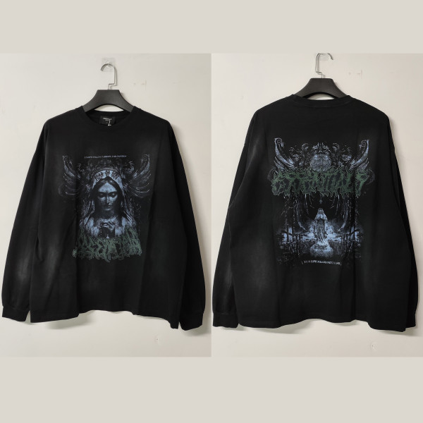 Fear of God New High Street Notre Dame Church Cross Stone Tablet Printed Water Washed Long Sleeve T-shirt