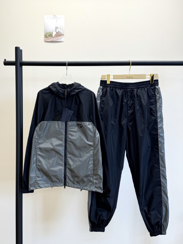 Prada New Black Grey Splicing Hooded Jacket Pants Set